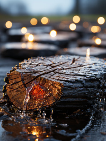 a close up of lit candles on top of a piece of woodの素材