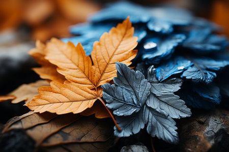 a close up of some leaves with blue and orange colorsの素材