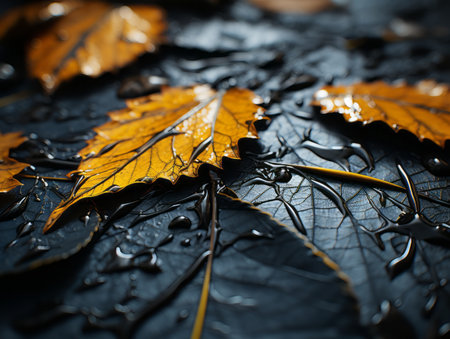 a close up of some leaves with water droplets on themの素材