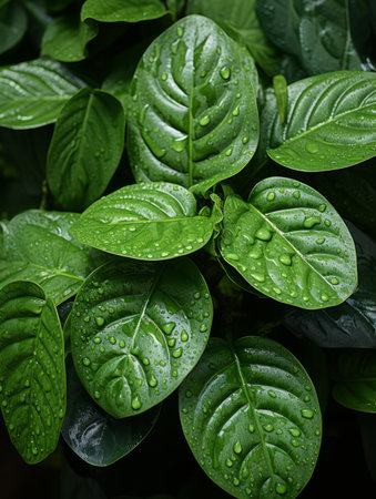a close up of green leaves with water droplets on themの素材