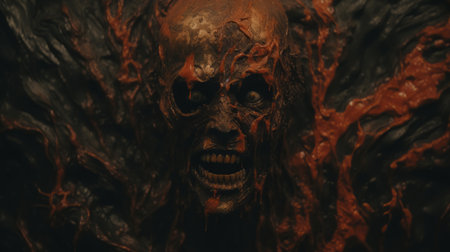 a close up of the face of a demon with blood dripping from itの素材