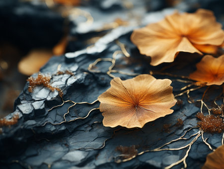a close up of some orange flowers on a rockの素材