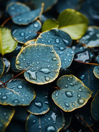 a close up of leaves with water droplets on themの素材