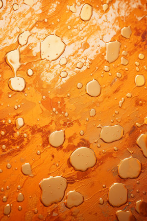 a close up of oil and water droplets on an orange backgroundの素材