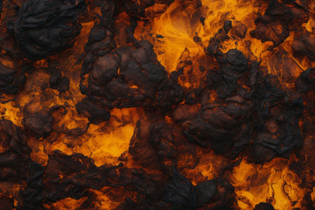 a close up view of a black and orange flameの素材