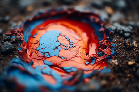 a close up of red and blue paint on the groundの素材