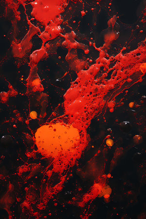 a close up of red liquid and orange paint on a black backgroundの素材