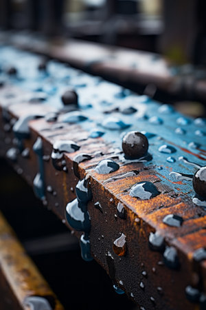 a close up of water droplets on a wooden benchの素材