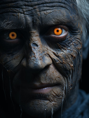 a close up of an old mans face with orange eyesの素材