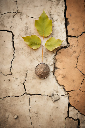 a coin with a leaf growing out of it on a cracked surfaceの素材