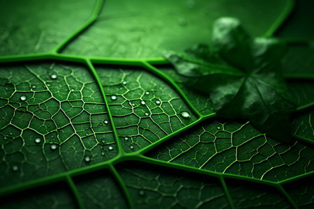 a close up view of a green leaf with water dropletsの素材