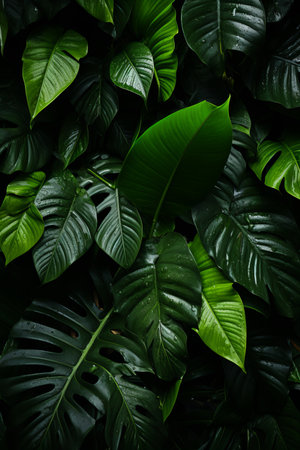 a close up view of green leaves on a dark backgroundの素材