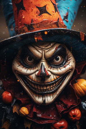 a creepy halloween mask with a hat on itの素材