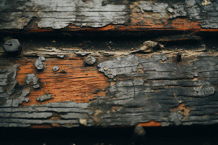 a close up view of a wooden wall with peeling paintの素材