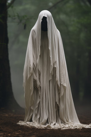 a ghostly figure in a white cloak standing in the woodsの素材