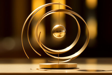 a golden pendulum on a wooden tableの素材