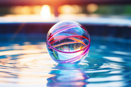 a glass ball floating in a pool of waterの素材