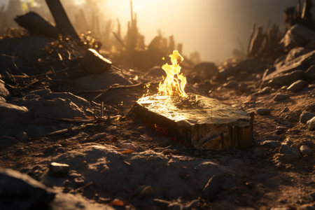 a fire is burning on a piece of wood in the middle of a fieldの素材