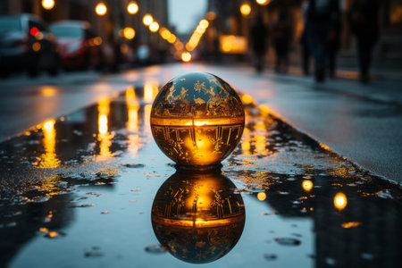 a golden egg sitting in the middle of a puddleの素材