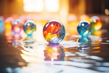 a group of colorful glass balls floating in waterの素材