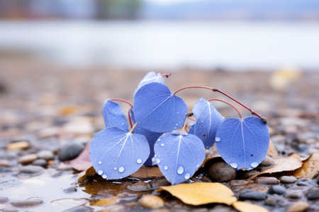 a group of blue leaves on the ground next to a body of waterの素材