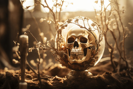 a golden skull is sitting in a glass bowl surrounded by plantsの素材