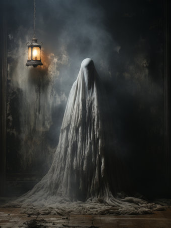 a ghostly figure standing in a dark room with a lanternの素材