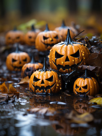a group of halloween pumpkins in a puddle of waterの素材
