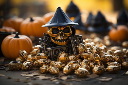 a halloween decoration with a witch hat and pumpkinsの素材