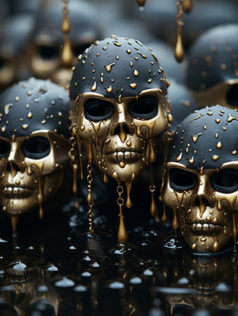a group of black and gold skulls with water droplets on themの素材
