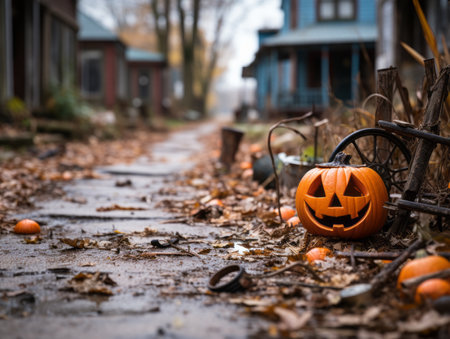 a halloween pumpkin sitting on the ground in front of a houseの素材