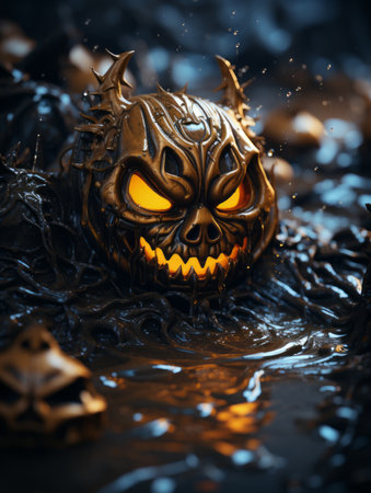 a halloween pumpkin with glowing eyes in the waterの素材