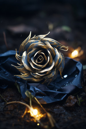 a golden rose sitting on top of a black cloth in the rainの素材