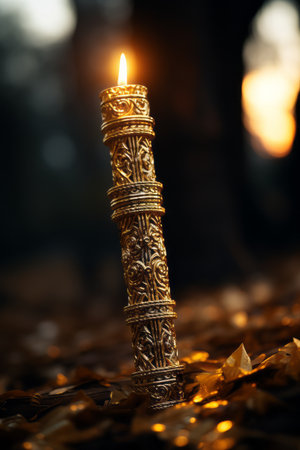 a golden candle sitting on top of leavesの素材
