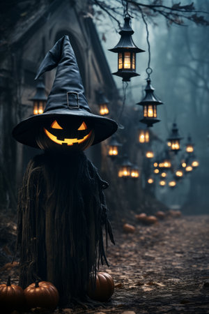 a halloween witch standing in front of a house with pumpkins and lanternsの素材