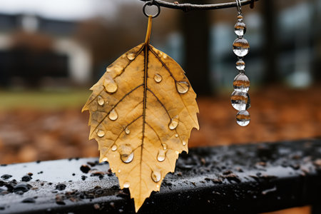 a leaf with water droplets hanging from itの素材