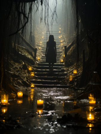 a person walking down a dark path with candles lit in front of themの素材