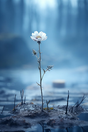 a lone white flower stands in the middle of a lakeの素材