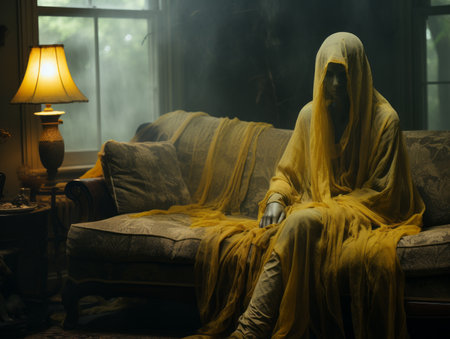 a person in a yellow robe sitting on a couchの素材