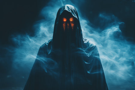 a man in a hooded robe with glowing red eyesの素材