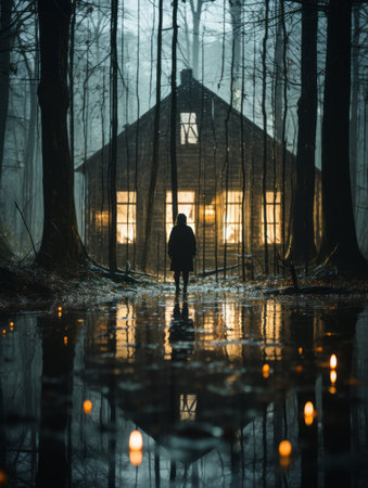 a person standing in front of a house in the woodsの素材