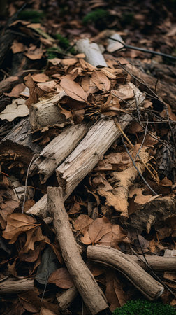 a pile of fallen leaves on the groundの素材