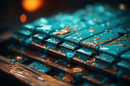 a pile of blue and brown chocolate bars on top of a wooden tableの素材