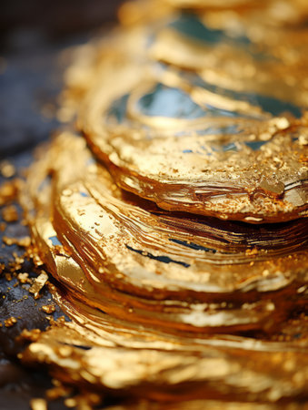 a pile of gold flakes sitting on top of a tableの素材