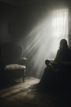 a person sitting in a chair in a dark roomの素材