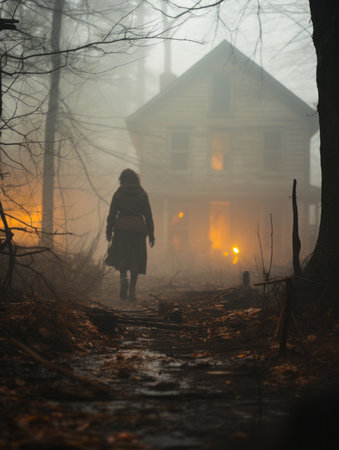a person walking down a path in the woods with a house in the backgroundの素材