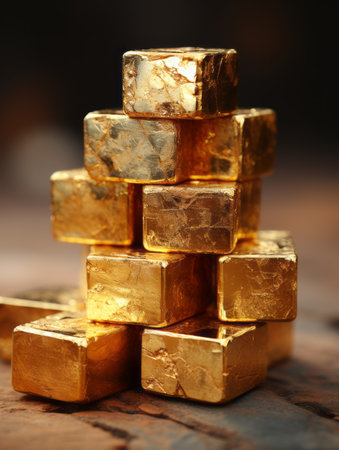 a pile of gold bars sitting on top of a wooden tableの素材