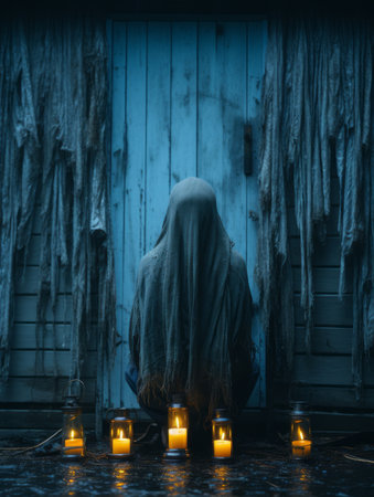 a person in a hood is sitting in front of candlesの素材