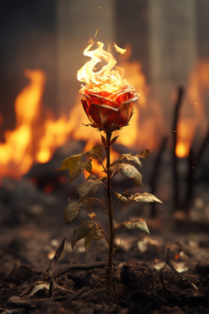 a red rose is on fire in the middle of a fieldの素材