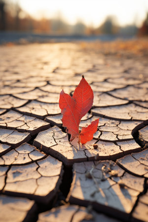 a red leaf sits on the cracked surface of the groundの素材